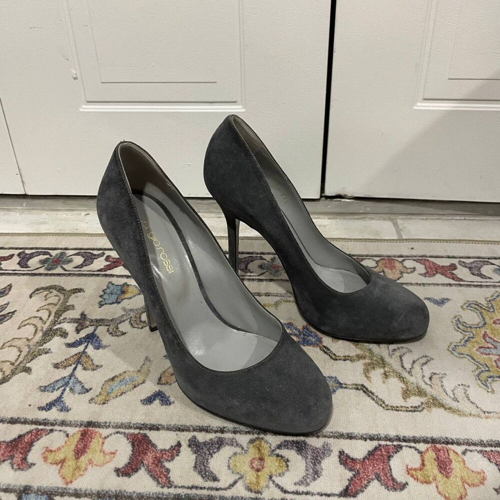 Sergio Rossi 37.5 Gray Suede Platform Pumps Stiletto High Heels Made Italy